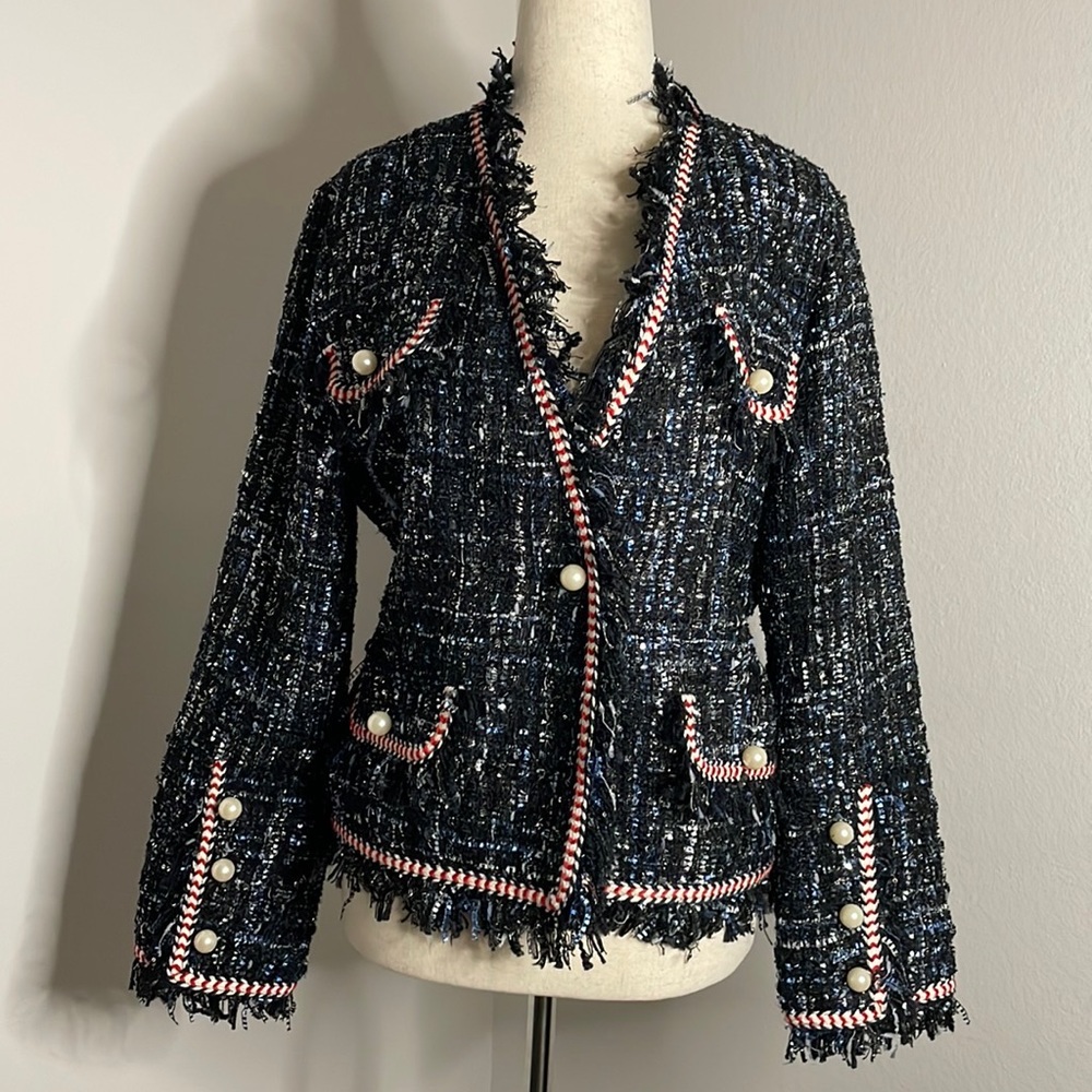 Sans Souci Blazer Jacket Blue Metallic Pearl Buttons Large